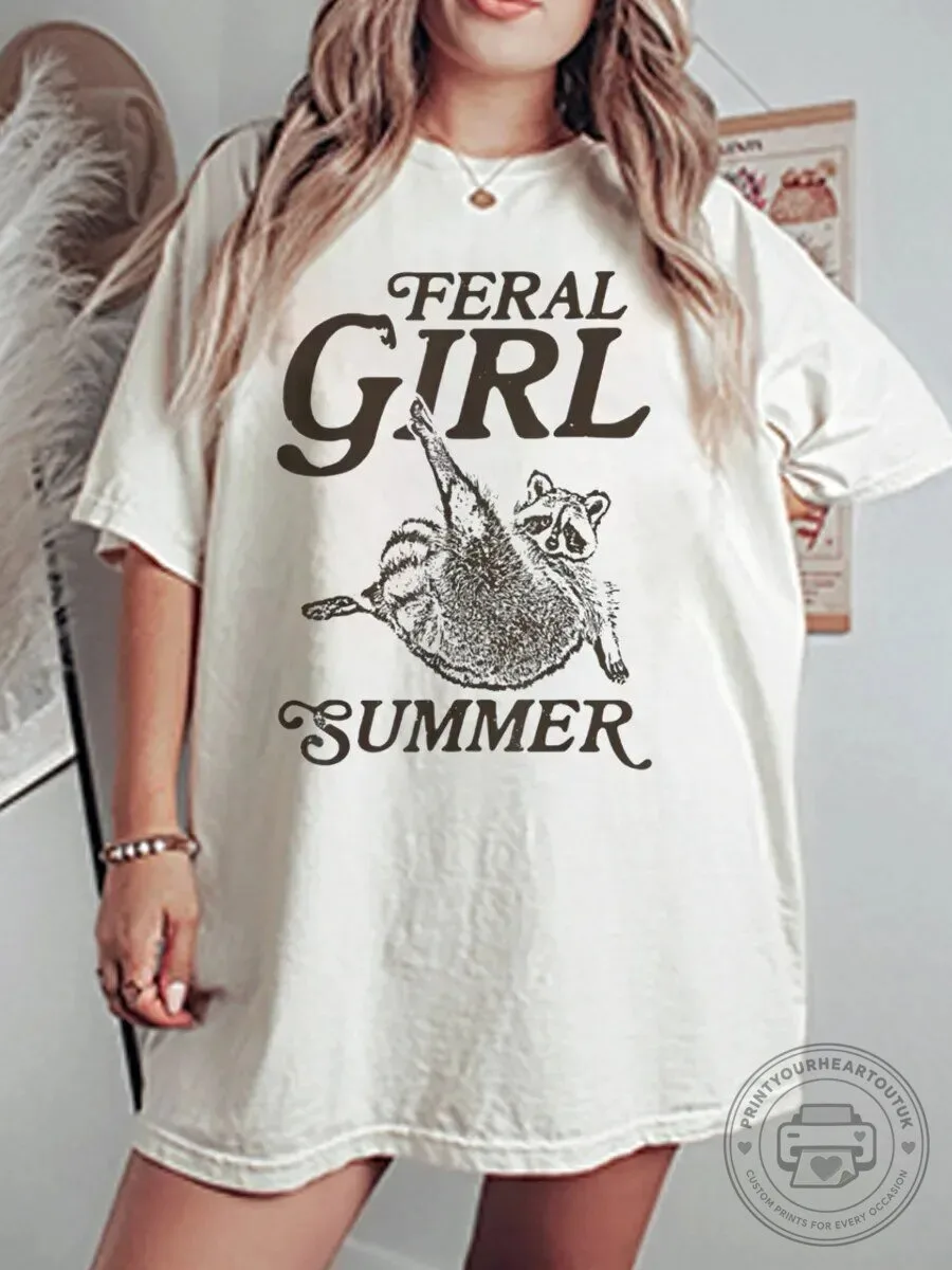 Feral Girl Summer Raccoon Vintage Oversized Graphic T-Shirt