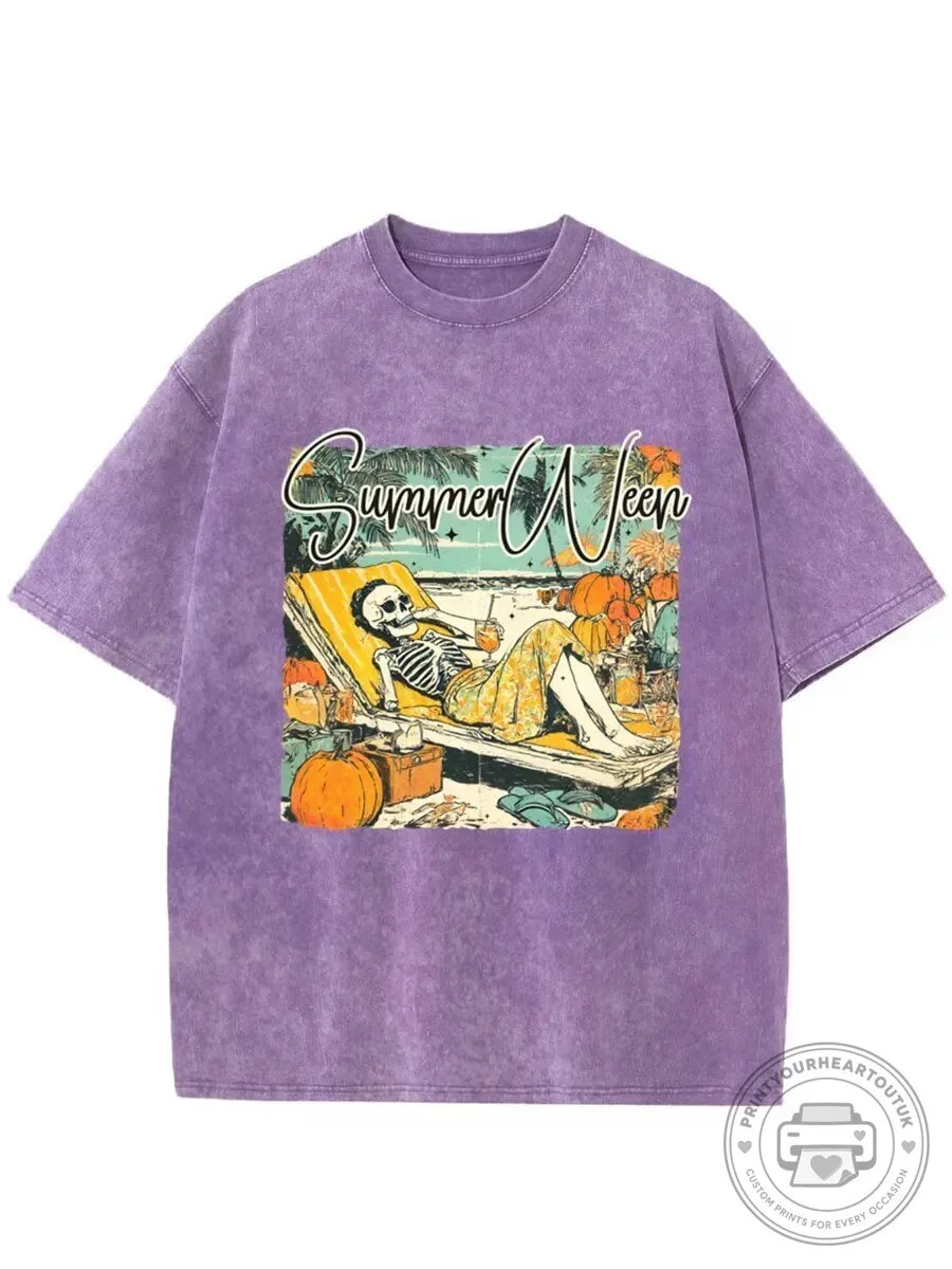 Vintage Summerween Skeleton Relaxing on Beach Chair Washed T-Shirt