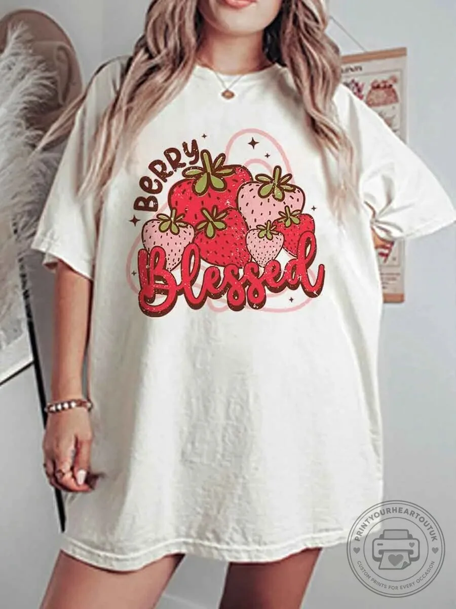 Berry Blessed Strawberry Fruit Graphic Oversized T-Shirt for Women