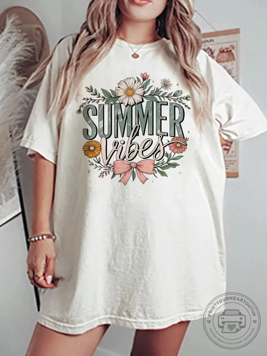 Summer Vibes Floral Bow Graphic T-Shirt for Women